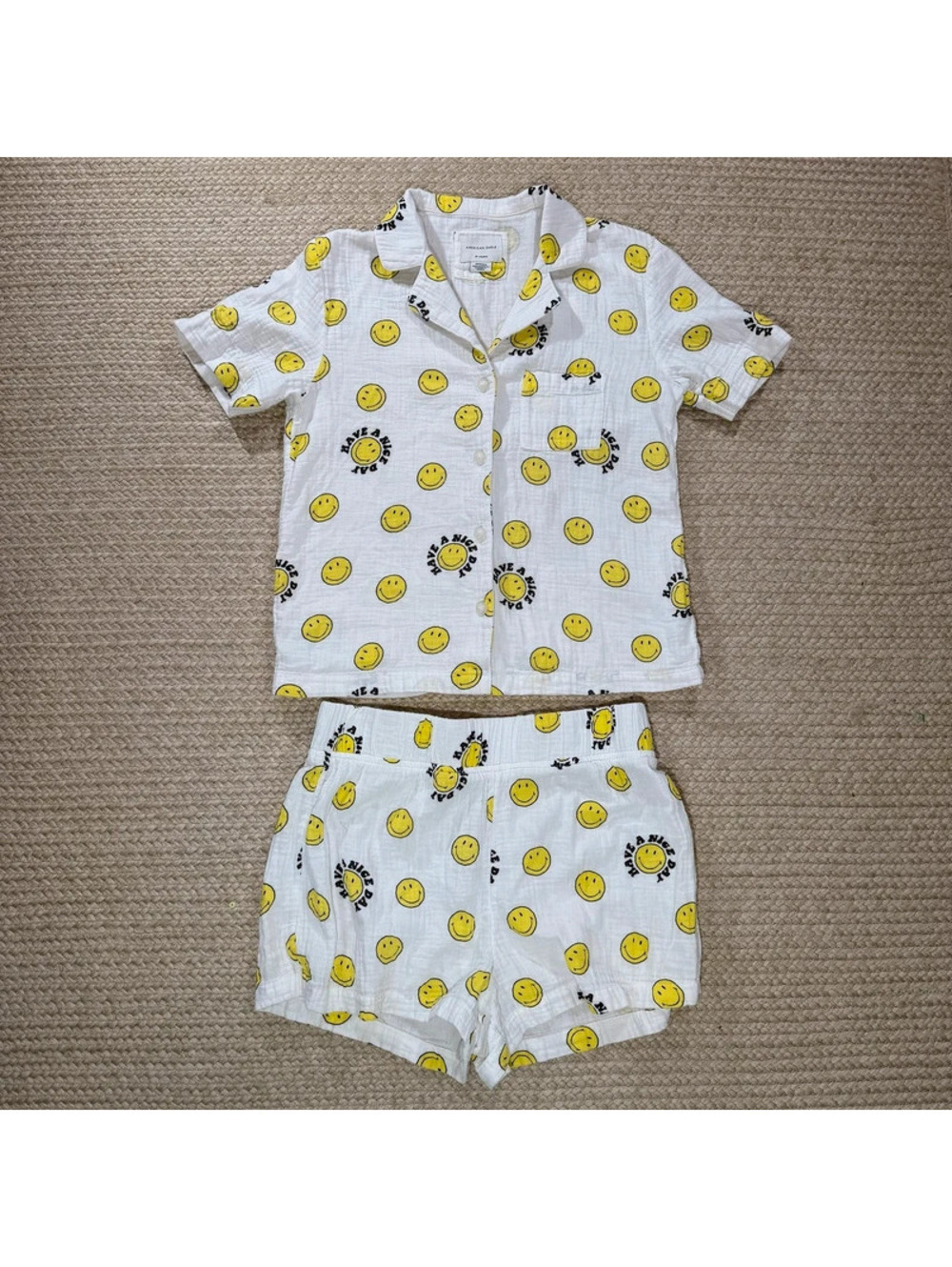 American Eagle Lounge Pajama Set Short Sleeve Shorts Smiley Face 100% Cotton XS